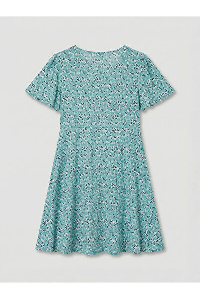 LC Waikiki Μπλε διπλόκουμπο φλοράλ μίνι φόρεμα με λαιμόκοψη και εφαρμοστή μέση