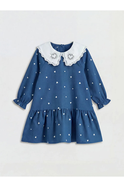 LC Waikiki Φόρεμα με βολάν για κορίτσια σε μπλε ναυτικό χρώμα με πέτο και πέτρες