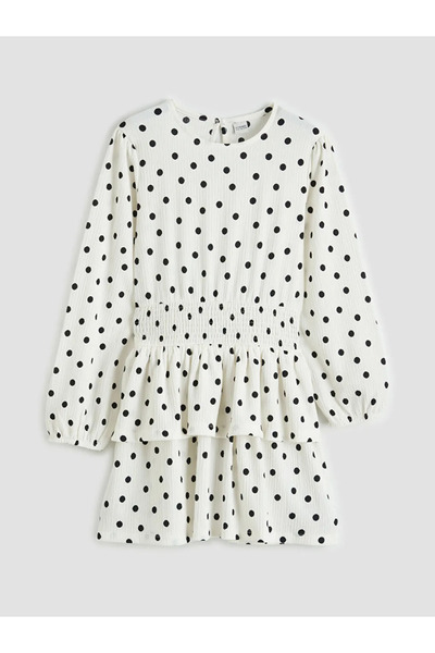 LC Waikiki Εκρού φόρεμα για κορίτσια με λαιμόκοψη ποδηλάτου και πουά