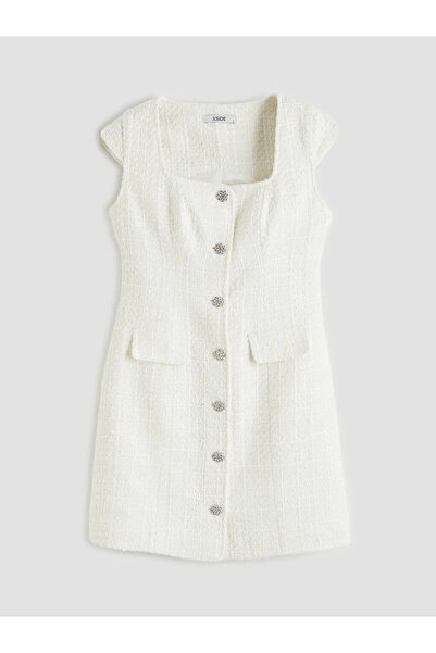 LC Waikiki Λευκό τετράγωνο γιακά με μίνι φόρεμα από τουίντ