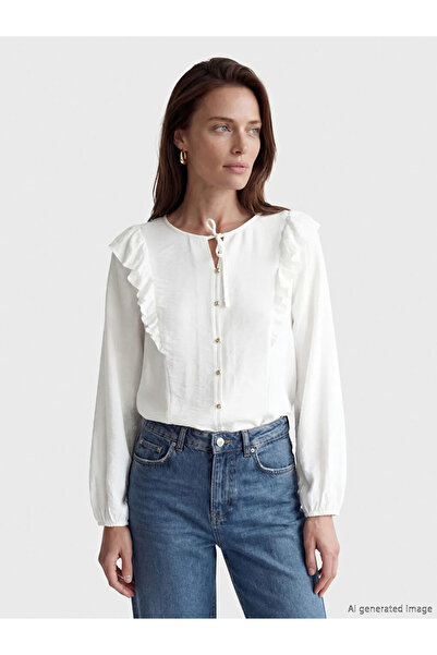 LC Waikiki Μπλούζα με βολάν σε μπεζ χρώμα με δετό γιακά