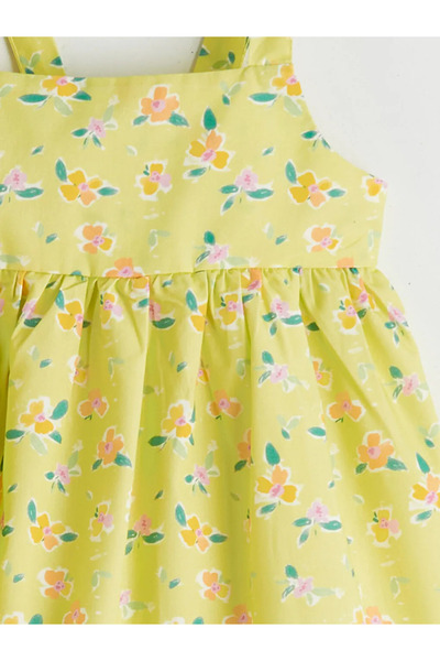 LC Waikiki Κίτρινο φόρεμα ποπλίνα για κορίτσια με τετράγωνο γιακά και λουλουδ...