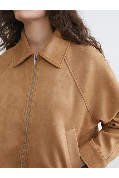 LC Waikiki Μπεζ Oversize Γυναικείο Μπουφάν με εμφάνιση σουέτ