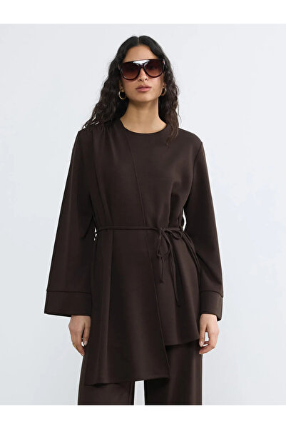 LC Waikiki Καφέ μπλούζα με λαιμόκοψη ποδηλάτου και κορδόνι περίσφιξης