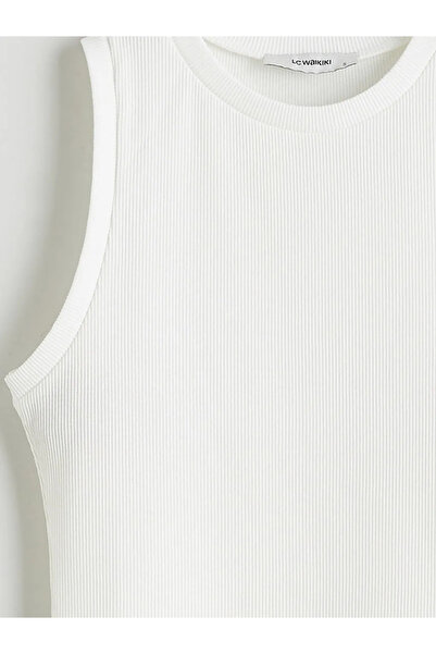 LC Waikiki Λευκό Γυναικείο Αθλητικό Μπλουζάκι με Λαιμόκοψη Ποδηλάτου και Υφή