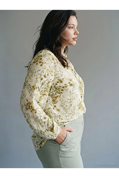 LC Waikiki Χακί μπλούζα με δετό γιακά και λουλούδια
