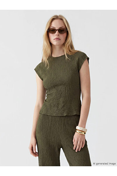 LC Waikiki Χακί μπλούζα με βολάν και υφή