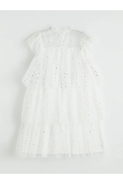 LC Waikiki Εκρού φόρεμα με βολάν στο λαιμό για κορίτσια, με στρώσεις και τούτου