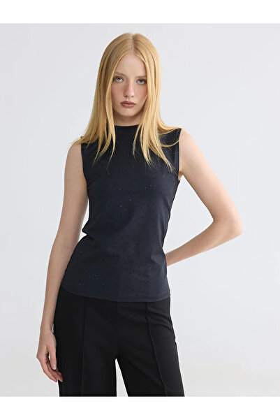 LC Waikiki Μαύρο Αθλητικό Φανελάκι με Λαιμόκοψη Ποδηλάτου και Πέτρες