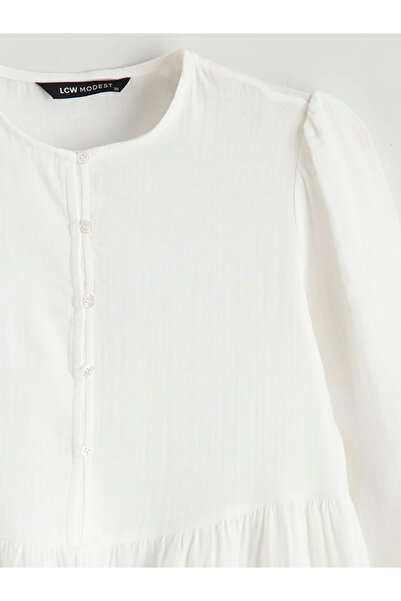 LC Waikiki Εκρού Φόρεμα Μουσελίνας με Μανίκια Μπαλόνι και Μακρύ Μήκος