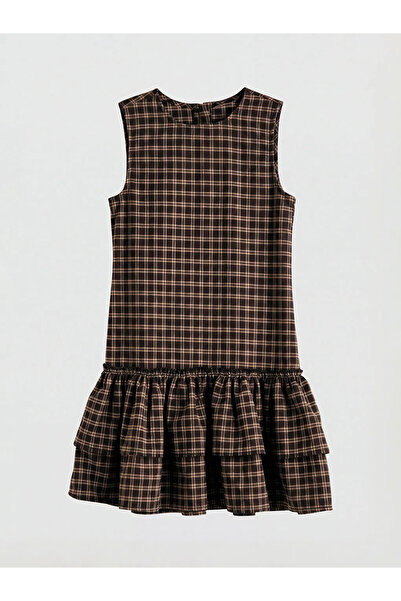 LC Waikiki Καφέ καρό φόρεμα για κορίτσια με βολάν