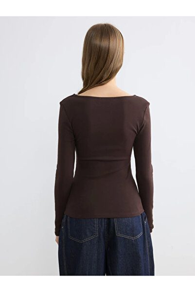 LC Waikiki Καφέ μπλούζα με λαιμόκοψη Με σούρες