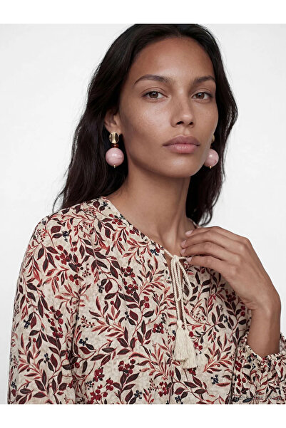 LC Waikiki Πορτοκαλί μπλούζα με φλοράλ σχέδιο και δεμένο γιακά