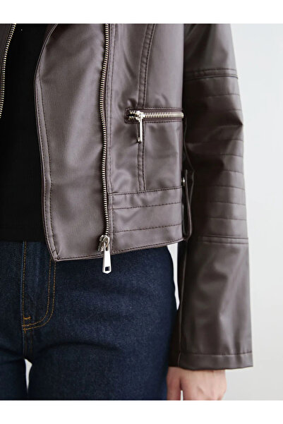 LC Waikiki Καφέ διπλόκουμπο γυναικείο δερμάτινο μπουφάν με γιακά