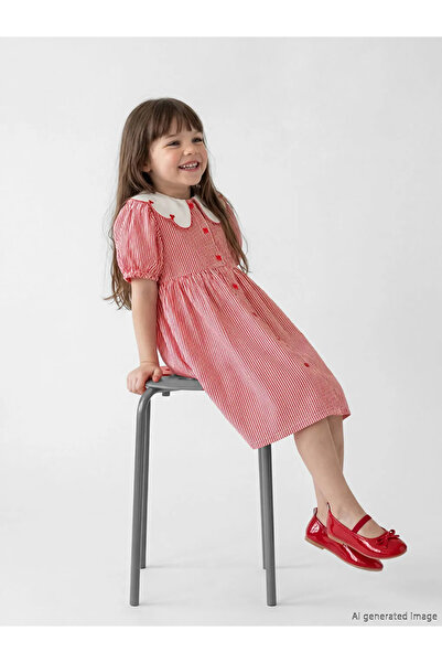LC Waikiki Κόκκινο ριγέ φόρεμα για κορίτσια με γιακά μωρού