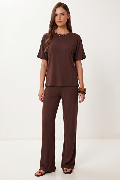 Lovelyİstanbul Belt Detailed Modal Top and Bottom Set Lnt0032 Brown