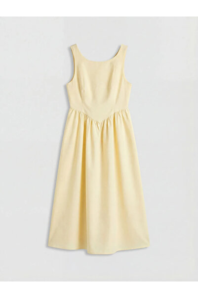 LC Waikiki Κίτρινο φόρεμα ποπλίνα με κορδόνι στη μέση