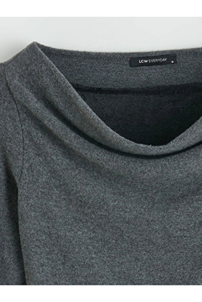 LC Waikiki Γκρι μπλούζα με λαιμόκοψη καγιάκ και κορδόνι περίσφιξης