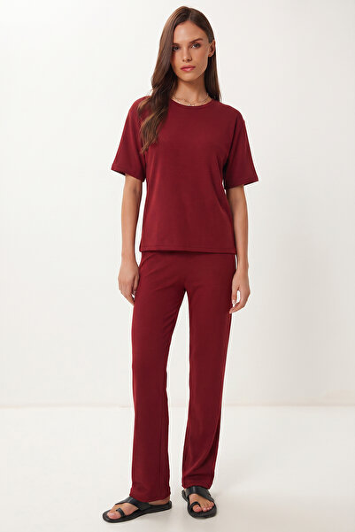 Lovelyİstanbul Σετ με λεπτομέρεια ζώνης Modal Alt-Top LNT0032 ΜΠΟΡΝΤΟ