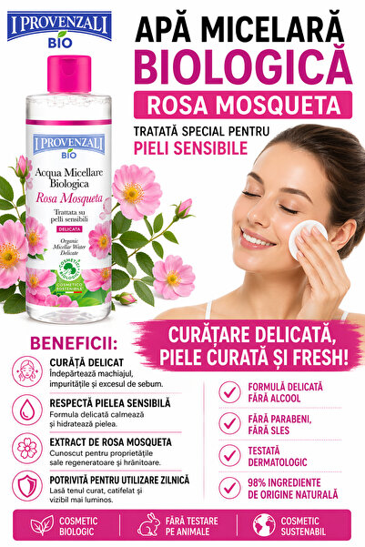 I Provenzali Apa Micelara Bio Rosa Mosqueta 400 ml pentru piele sensibila, curatare delicata, hidratare, demachiant facial fara alcool