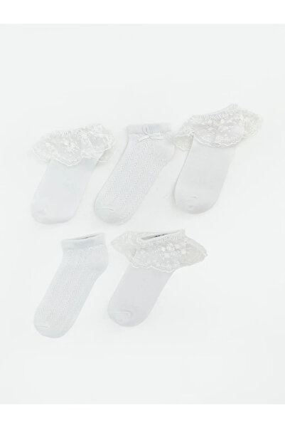 LC Waikiki Λευκές κάλτσες-μποτάκια για κορίτσια με βολάν και σχέδια, σετ 5 τε...