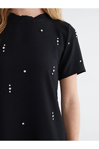 LC Waikiki Μίνι φόρεμα με λαιμόκοψη μαύρο με πέτρες