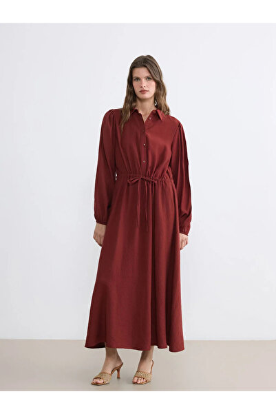 LC Waikiki Πορτοκαλί φόρεμα με γιακά πουκάμισου και κορδόνι