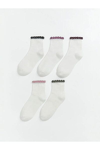 LC Waikiki Εκρού Γυναικείες Κάλτσες με Κέντημα Λουλουδιών, Σετ 5 τεμαχίων