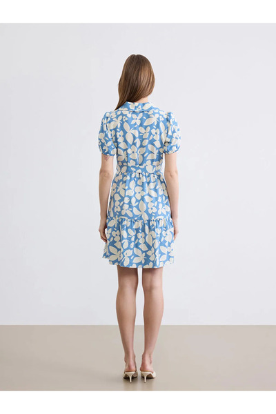 LC Waikiki Μπλε μίνι φόρεμα με Γιακάς πουκαμίσου λουλούδια
