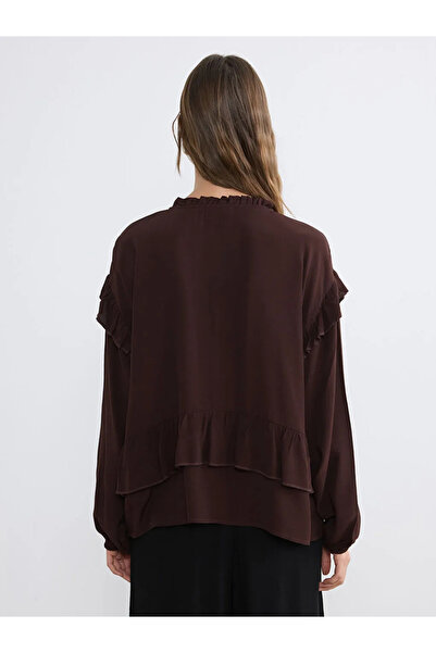 LC Waikiki Καφέ μπλούζα με δετό γιακά, oversize, με βολάν