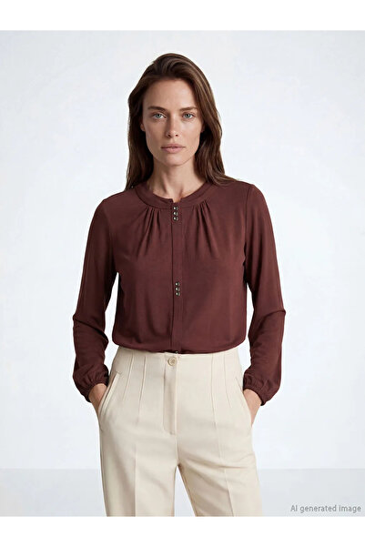 LC Waikiki Καφέ μπλούζα με λαιμόκοψη Με σούρες