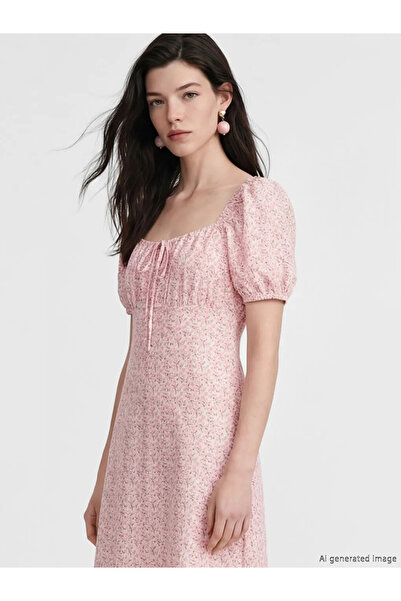 LC Waikiki Ροζ φόρεμα σε γραμμή Α με λουλουδάτα μανίκια μπαλόνια