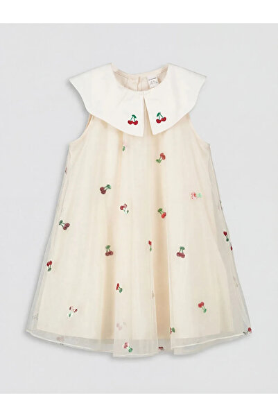 LC Waikiki Εκρού Βρεφικό Φόρεμα Πριγκίπισσας για Κορίτσια με Κέντημα στο Γιακά