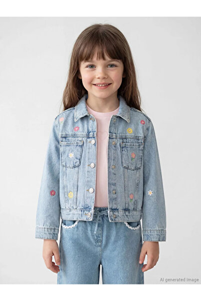 LC Waikiki Μπλε πουκάμισο με λουλουδάτο γιακά και τζιν μπουφάν για κορίτσια