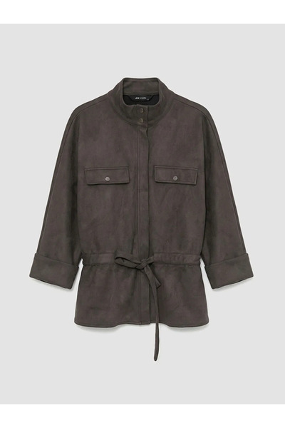 LC Waikiki Γκρι ψηλός λαιμός Γυναικείο μπουφάν Όψη σουέτ