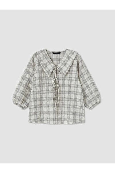 LC Waikiki Εκρού Βρεφική Καρό Μπλούζα με Γιακά
