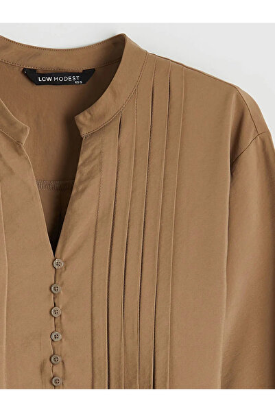 LC Waikiki Καφέ μπλούζα με πιέτες και λαιμόκοψη