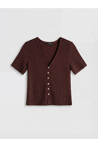 LC Waikiki Καφέ μπλούζα με λαιμόκοψη V και υφή