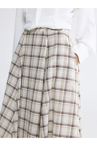 LC Waikiki Καφέ καρό φούστα με φαρδιά γραμμή