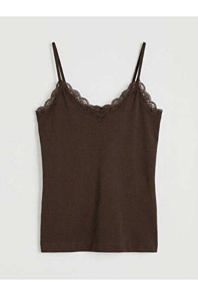 LC Waikiki Καφέ γυναικείο εσώρουχο με λαιμόκοψη V και λουράκια από κορδόνια, ...