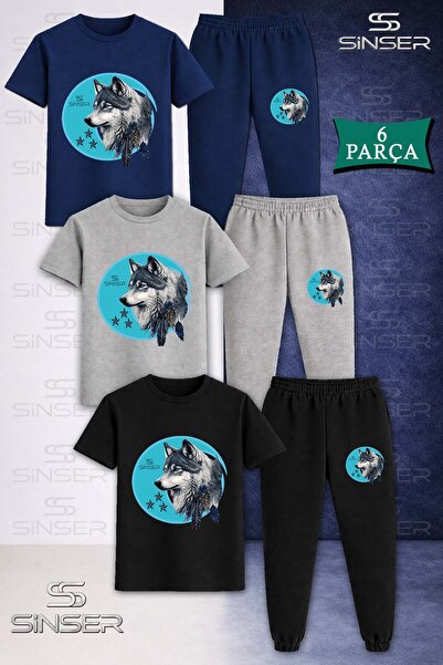 SS SİNSER Children's Wolf Gray Turquoise Tvl 3-Piece T-Shirt Tracksuit Set