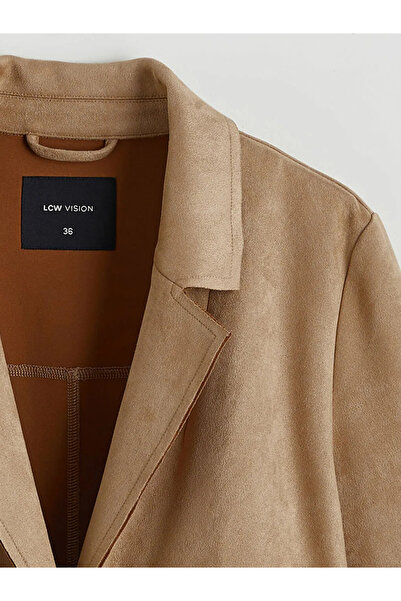 LC Waikiki Μπεζ Γυναικείο Παλτό με Γιακά και Εμφάνιση Σουέντ
