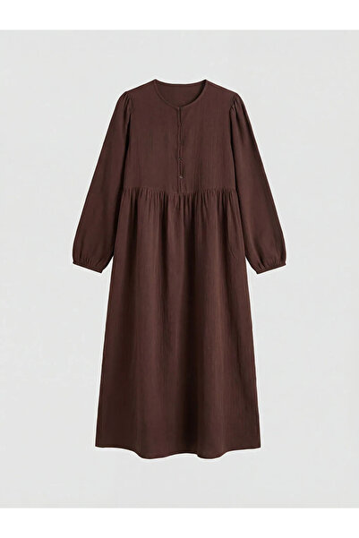 LC Waikiki Καφέ μακρύ φόρεμα μουσελίνας με κορδόνι