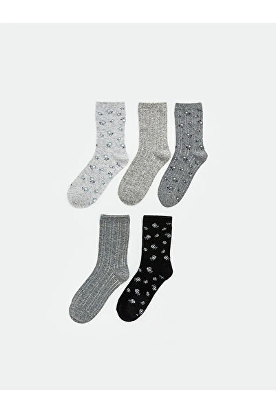 LC Waikiki Γκρι φλοράλ γυναικείες κάλτσες 5 τεμαχίων