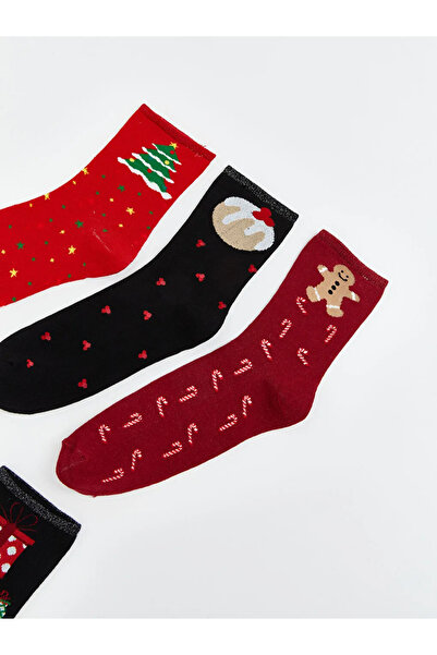 LC Waikiki Κόκκινες γυναικείες κάλτσες με θέμα τα Χριστούγεννα, σετ 5 τεμαχίων