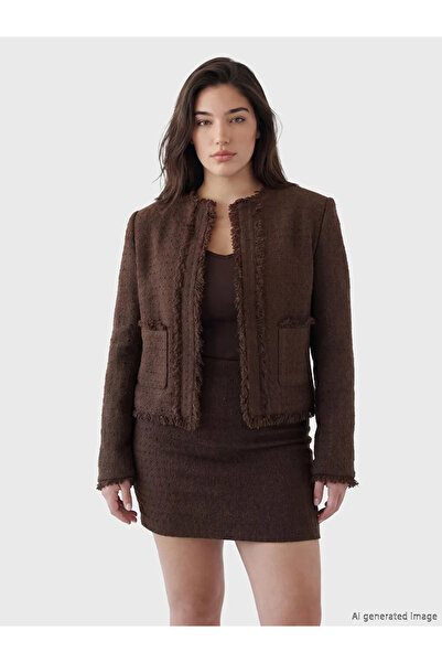 LC Waikiki Καφέ Petite Crew Neck Με φούντες Γυναικείο Μπουφάν από Τουίντ