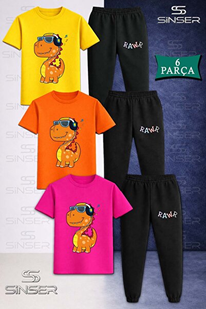 SS SİNSER طقم بدلة رياضية للأطفال RAWR DINO ORANGE 3LU SQUARE مكون من 3 قطع ت...
