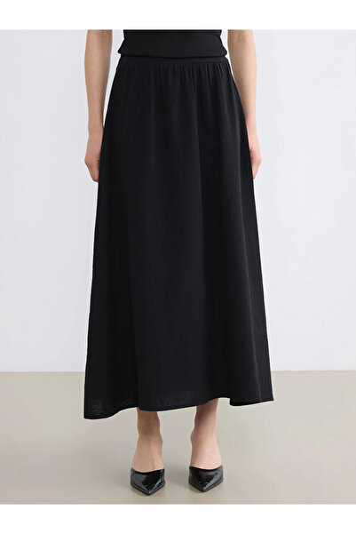 LC Waikiki Μαύρη φούστα μουσελίνα με ελαστική μέση και φαρδιά γραμμή