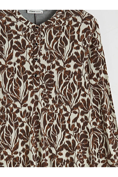 LC Waikiki Καφέ φόρεμα σε γραμμή Α με λουλουδάτο γιακά