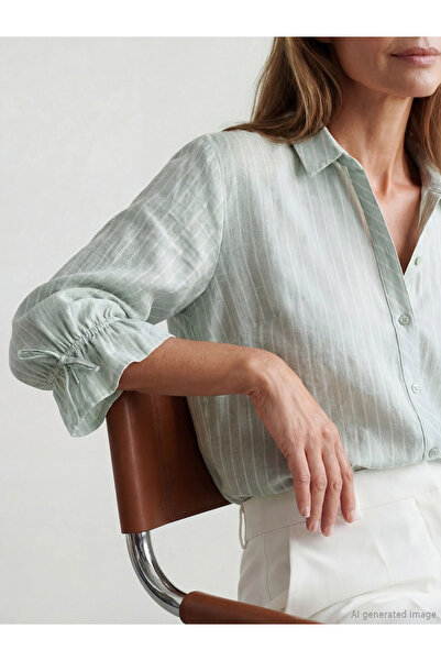 LC Waikiki Πράσινο ριγέ γυναικείο πουκάμισο με βολάν